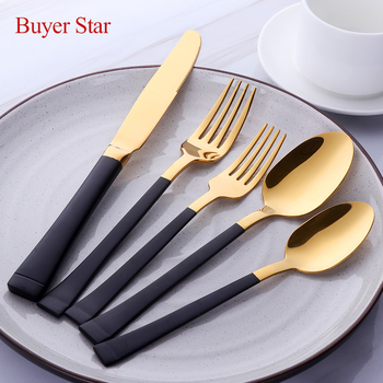 Buyer Star 304 nerūdijančio plieno vakarietiški stalo įrankiai rinkinys – 1 peilis, 2 šakutės, 2 šaukštai, šiuolaikiškas minimalistinis stilius, veidrodinis poliravimas