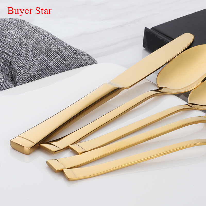 Buyer Star 304 nerūdijančio plieno vakarietiški stalo įrankiai rinkinys – 1 peilis, 2 šakutės, 2 šaukštai, šiuolaikiškas minimalistinis stilius, veidrodinis poliravimas