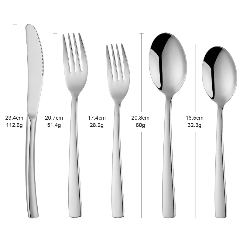 Buyer Star 304 nerūdijančio plieno vakarietiški stalo įrankiai rinkinys – 1 peilis, 2 šakutės, 2 šaukštai, šiuolaikiškas minimalistinis stilius, veidrodinis poliravimas