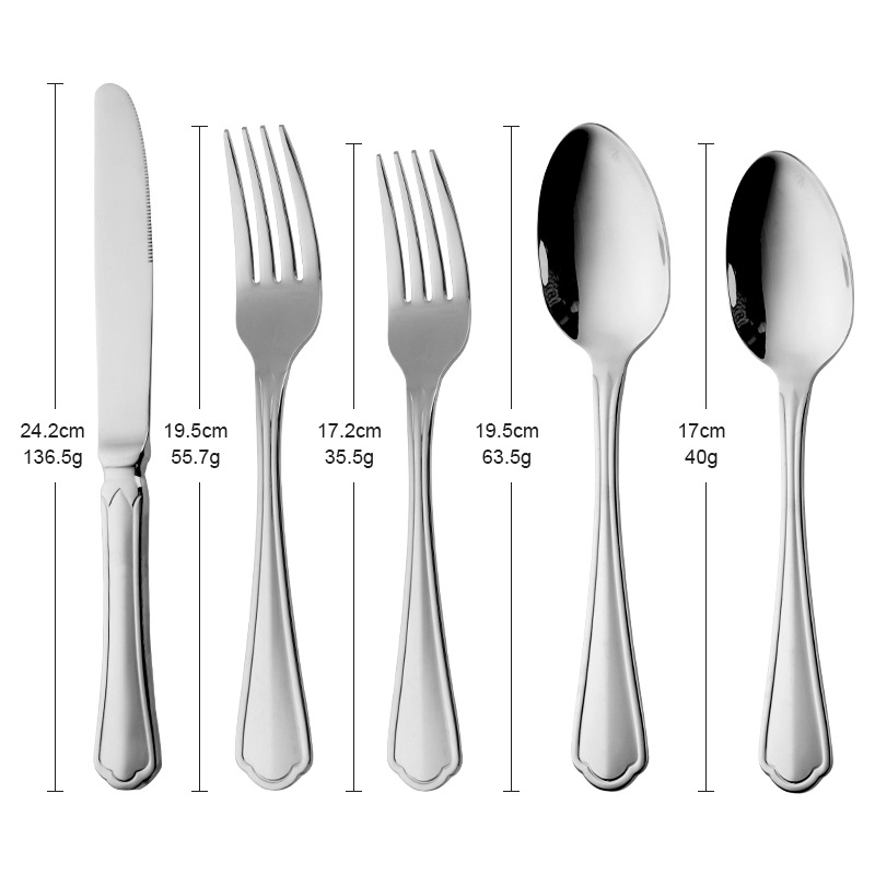Buyer Star 304 nerūdijančio plieno vakarietiški stalo įrankiai rinkinys – 1 peilis, 2 šakutės, 2 šaukštai, šiuolaikiškas minimalistinis stilius, veidrodinis poliravimas