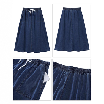 Φούστα από ντένιμ σε γραμμή Α, midi μήκος, ψηλή μέση, ζώνη και τσέπες; ύφασμα από βαμβάκι-πολυεστέρα