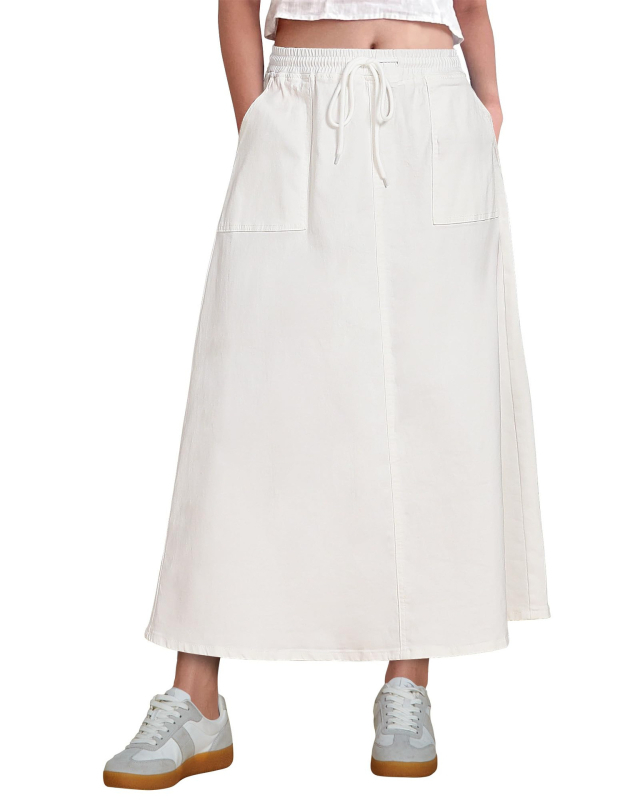 Φούστα από ντένιμ σε γραμμή Α, midi μήκος, ψηλή μέση, ζώνη και τσέπες; ύφασμα από βαμβάκι-πολυεστέρα