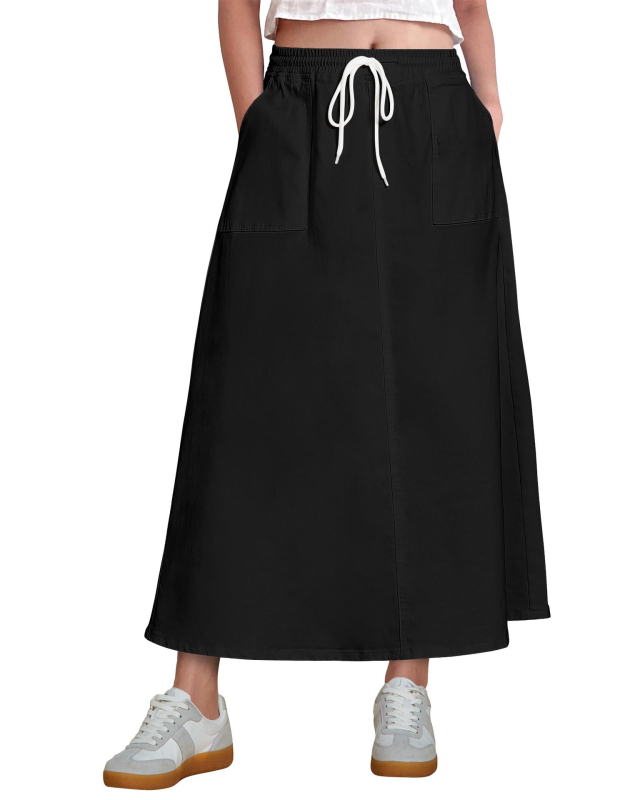 Φούστα από ντένιμ σε γραμμή Α, midi μήκος, ψηλή μέση, ζώνη και τσέπες; ύφασμα από βαμβάκι-πολυεστέρα