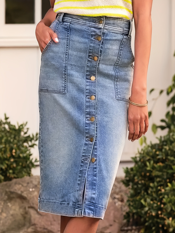 Τζιν φούστα Bodycon, midi μήκος, βαμβάκι και σπάντεξ, πλυνεόμενη, street trendy στυλ