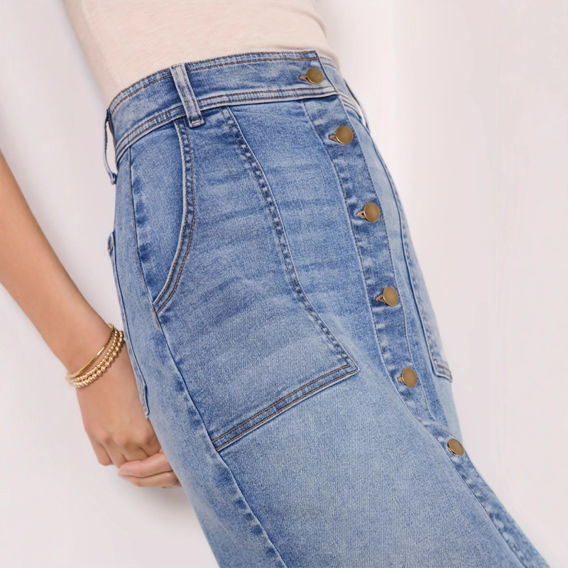 Τζιν φούστα Bodycon, midi μήκος, βαμβάκι και σπάντεξ, πλυνεόμενη, street trendy στυλ