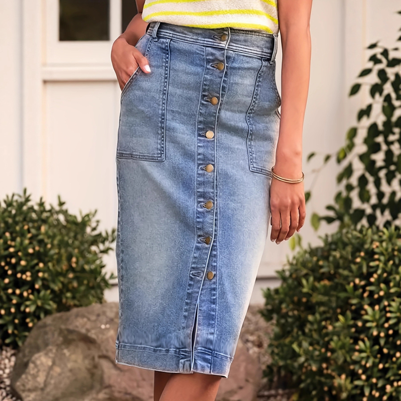 Τζιν φούστα Bodycon, midi μήκος, βαμβάκι και σπάντεξ, πλυνεόμενη, street trendy στυλ