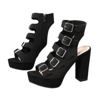 Πέδιλα με ένα λουρί, άνω μέρος από ελαστικό ύφασμα, δάκτυλα σε μορφή στόματος ψαριού, πολύ υψηλός και φαρδύς τακούνι πάνω από 8 εκ, πλευρικό φερμουάρ