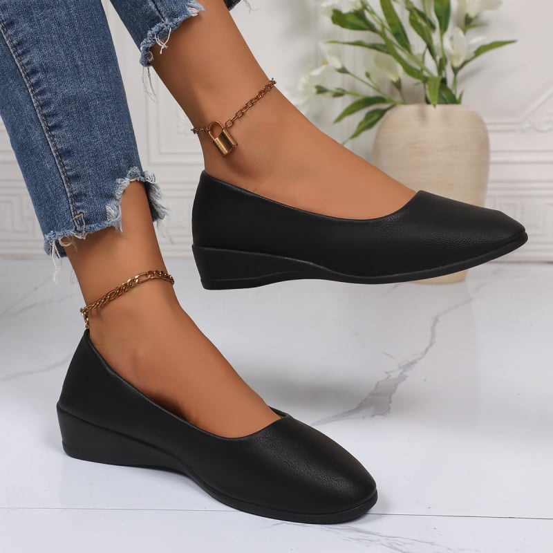 Fuxuan ženske PU ravne cipele, kvadratni vrh, slip-on, 3–5 cm klinasti pet, PU ulošak