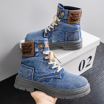 Ανδρικά μποτάκια Martens από denim — μεσαίο ύψος αστραγάλου, στρογγυλή μύτη, καουτσούκ σόλα, κορδόνια στο μπροστινό μέρος