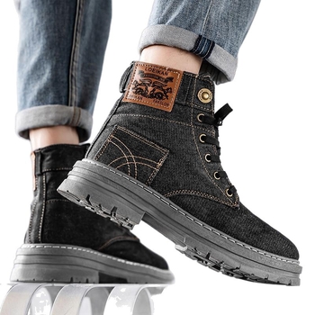 Ανδρικά μποτάκια Martens από denim — μεσαίο ύψος αστραγάλου, στρογγυλή μύτη, καουτσούκ σόλα, κορδόνια στο μπροστινό μέρος