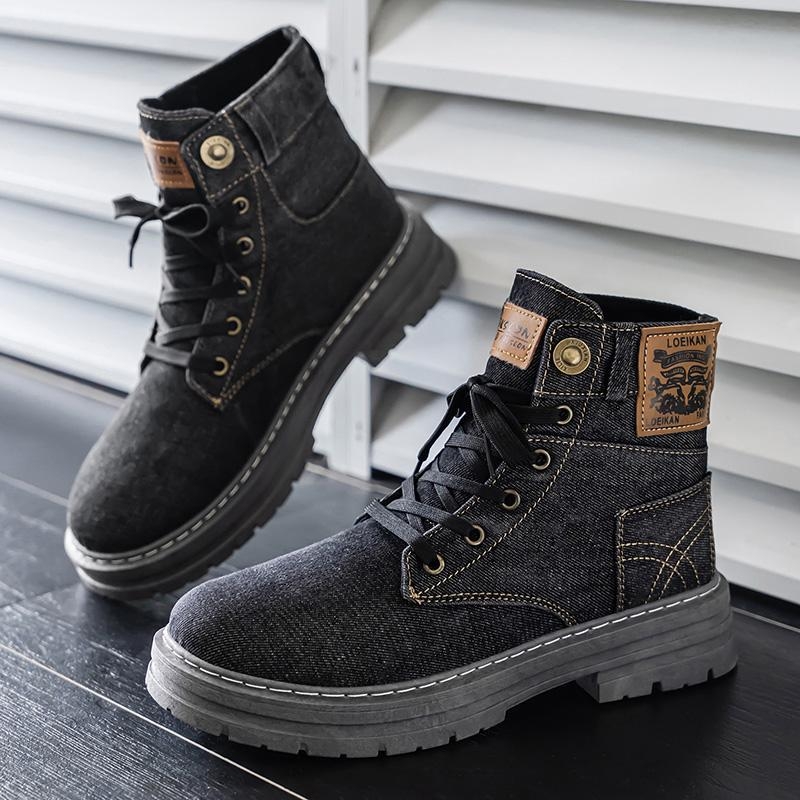 Ανδρικά μποτάκια Martens από denim — μεσαίο ύψος αστραγάλου, στρογγυλή μύτη, καουτσούκ σόλα, κορδόνια στο μπροστινό μέρος
