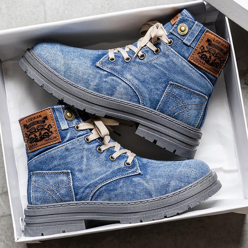 Ανδρικά μποτάκια Martens από denim — μεσαίο ύψος αστραγάλου, στρογγυλή μύτη, καουτσούκ σόλα, κορδόνια στο μπροστινό μέρος