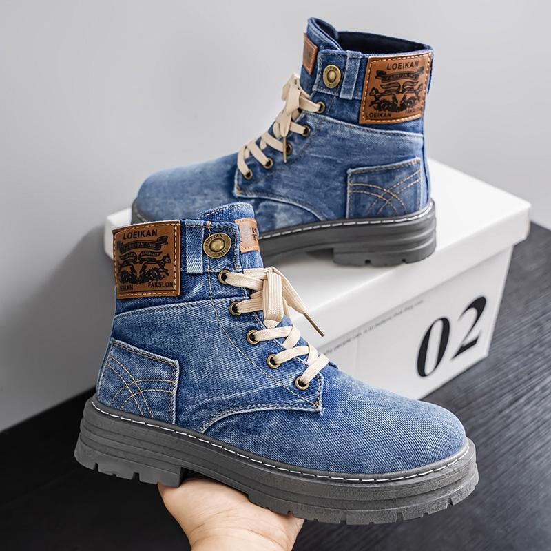 Ανδρικά μποτάκια Martens από denim — μεσαίο ύψος αστραγάλου, στρογγυλή μύτη, καουτσούκ σόλα, κορδόνια στο μπροστινό μέρος