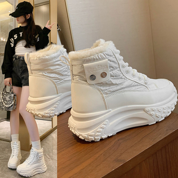 Sieviešu sniega zābaki ar fleece iekšējo oderi, augsts augšdaļas, PU augšējā daļa, gumijas zole, bieza zole, ziemas 2025