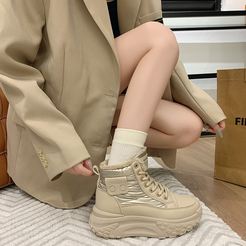 Sieviešu sniega zābaki ar fleece iekšējo oderi, augsts augšdaļas, PU augšējā daļa, gumijas zole, bieza zole, ziemas 2025