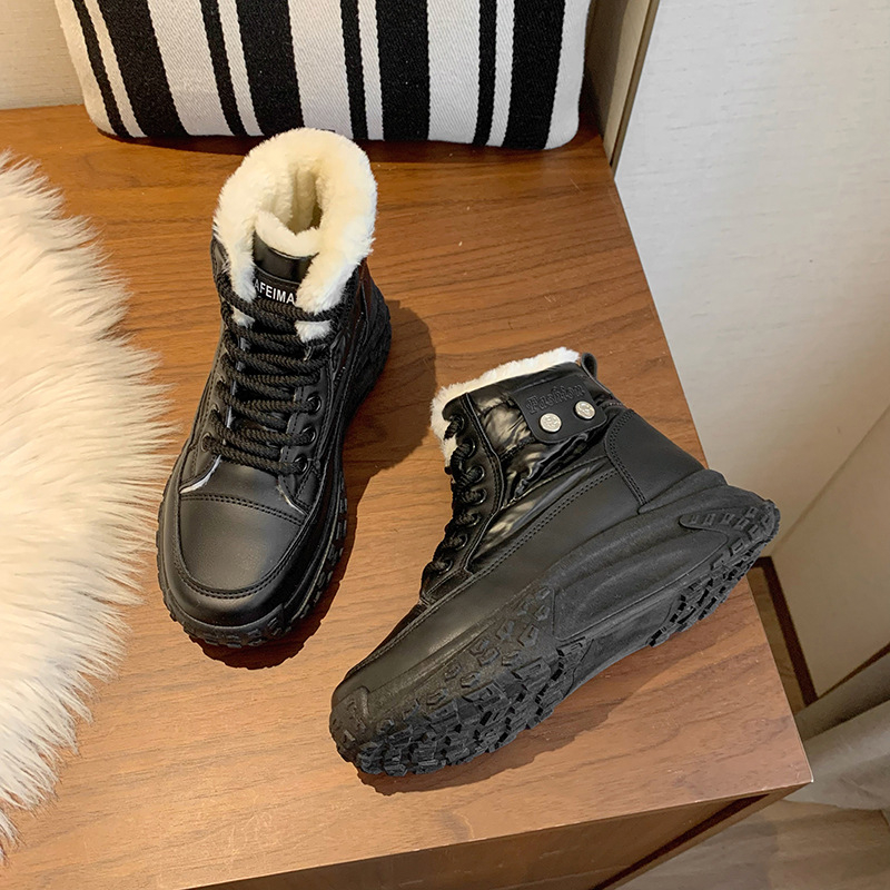 Sieviešu sniega zābaki ar fleece iekšējo oderi, augsts augšdaļas, PU augšējā daļa, gumijas zole, bieza zole, ziemas 2025