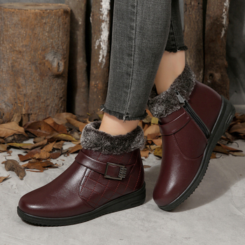Дамски зимни памучни обувки с страничен цип, средна височина на обувката, нисък клиновиден ток, PU горна част, подплата от изкуствен пух