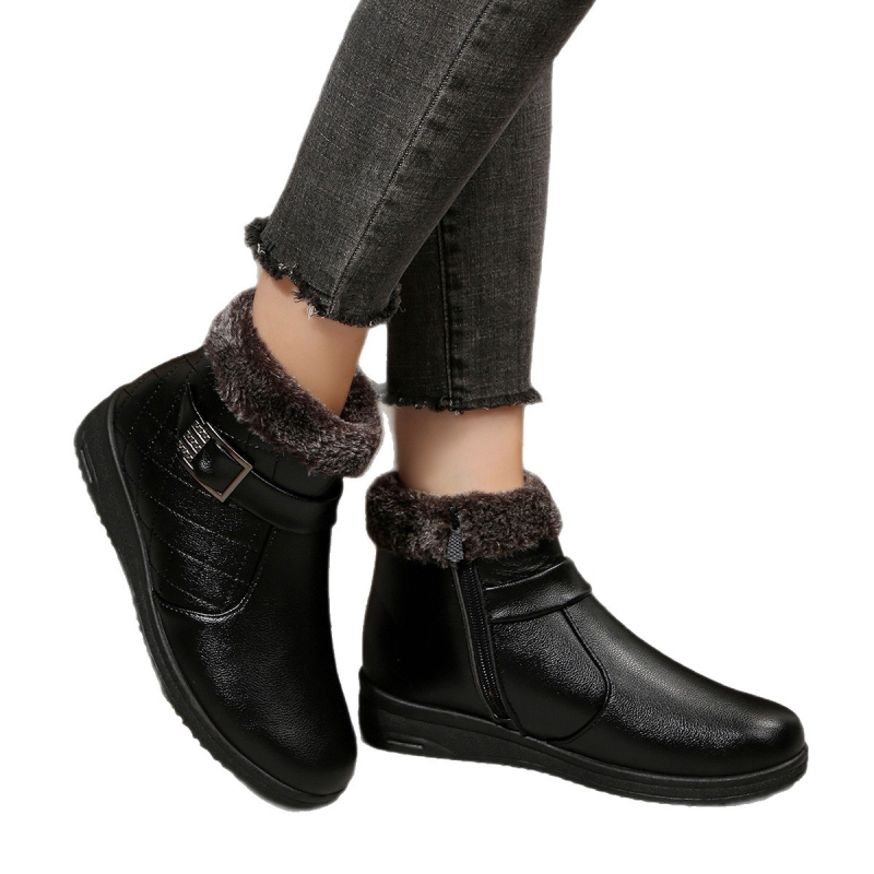Дамски зимни памучни обувки с страничен цип, средна височина на обувката, нисък клиновиден ток, PU горна част, подплата от изкуствен пух
