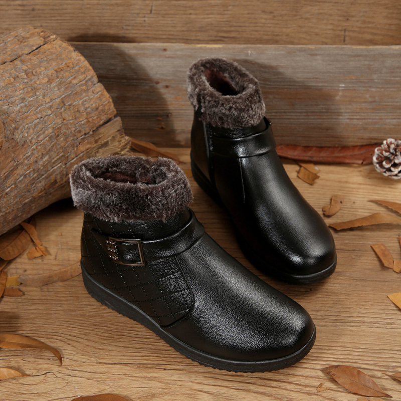 Дамски зимни памучни обувки с страничен цип, средна височина на обувката, нисък клиновиден ток, PU горна част, подплата от изкуствен пух