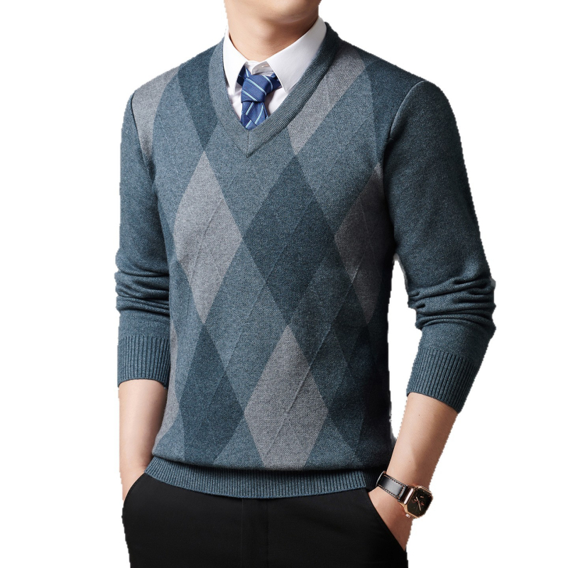 Ανδρικό πουλόβερ με V-λαιμό, παχυσμένος πλεκτός, μακριά μανίκια, καρό μοτίβο
