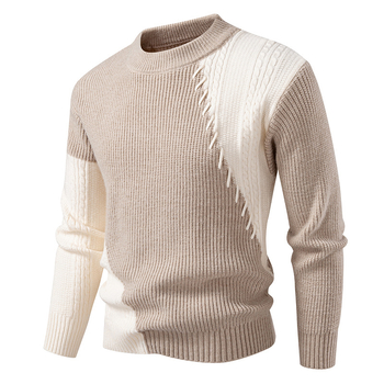 Пуловер в корейски стил, свободна кройка, полу висока яка, дебел плат, цветово блокиране