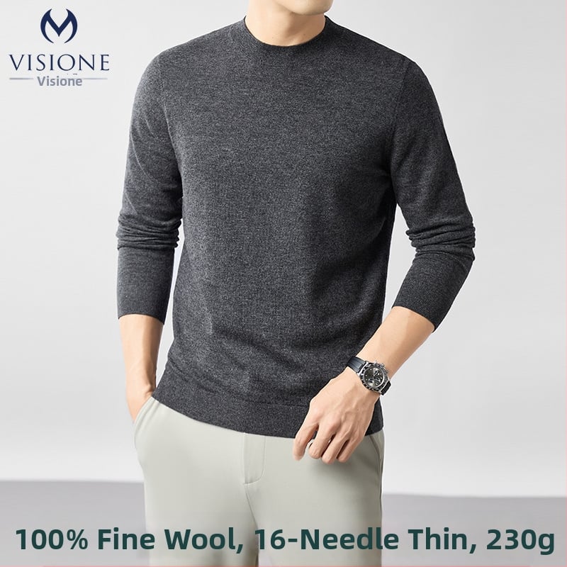 Ανδρικός πουλόβερ από 100% worsted μαλλί, στρογγυλός λαιμός, μακριά μανίκια, εφαρμοστός τύπος, μεσαίο μήκος 65-80 cm