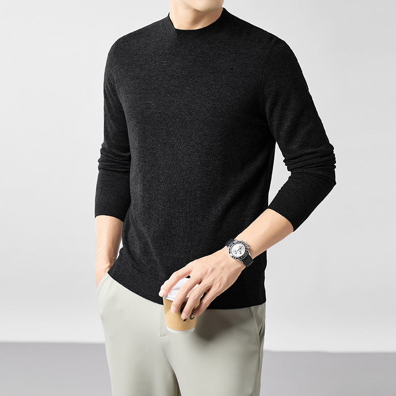 Ανδρικός πουλόβερ από 100% worsted μαλλί, στρογγυλός λαιμός, μακριά μανίκια, εφαρμοστός τύπος, μεσαίο μήκος 65-80 cm
