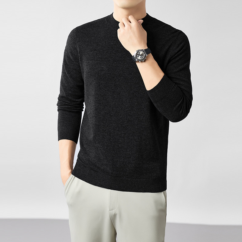 Ανδρικός πουλόβερ από 100% worsted μαλλί, στρογγυλός λαιμός, μακριά μανίκια, εφαρμοστός τύπος, μεσαίο μήκος 65-80 cm
