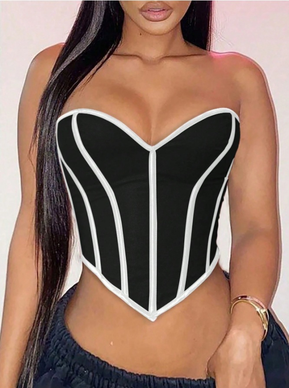 Halcsontvázú bustier felső, mély V-nyakkal, hátul fűző, pánt nélkül, poliészter 95%+