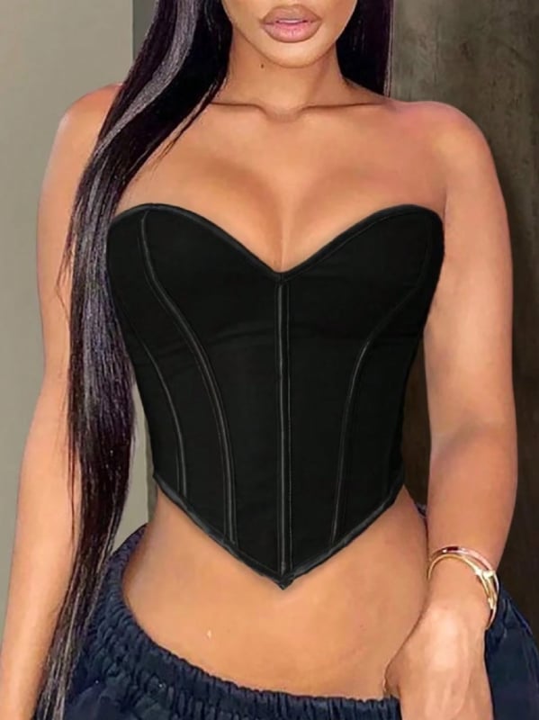 Halcsontvázú bustier felső, mély V-nyakkal, hátul fűző, pánt nélkül, poliészter 95%+