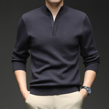 Ανδρικό πλεκτό πουκάμισο με μισό φερμουάρ και σταθερό γιακά, μακριά μανίκια, χαλαρή γραμμή, ζακάρ πολυεστερικό μείγμα