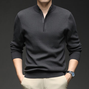 Ανδρικό πλεκτό πουκάμισο με μισό φερμουάρ και σταθερό γιακά, μακριά μανίκια, χαλαρή γραμμή, ζακάρ πολυεστερικό μείγμα