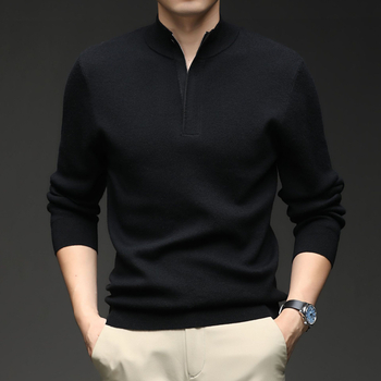 Ανδρικό πλεκτό πουκάμισο με μισό φερμουάρ και σταθερό γιακά, μακριά μανίκια, χαλαρή γραμμή, ζακάρ πολυεστερικό μείγμα