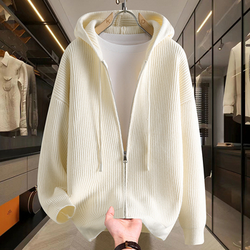 Мъжки плетен кардиган с качулка и открита предна част, свободна кройка, корейски стил, удебелен синтетичен микс (100% полиестер), есен 2025
