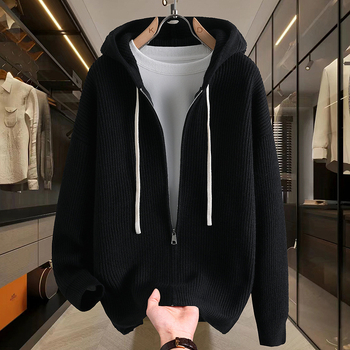 Мъжки плетен кардиган с качулка и открита предна част, свободна кройка, корейски стил, удебелен синтетичен микс (100% полиестер), есен 2025