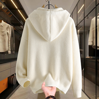 Мъжки плетен кардиган с качулка и открита предна част, свободна кройка, корейски стил, удебелен синтетичен микс (100% полиестер), есен 2025