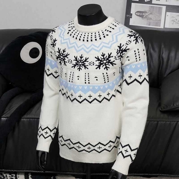 Πλεκτός πουλόβερ με στρογγυλή λαιμόκοψη, μακριά μανίκια και ενθετό σχέδιο — διαπνοή, υψηλή ελαστικότητα, μείγμα ινών ακέτας