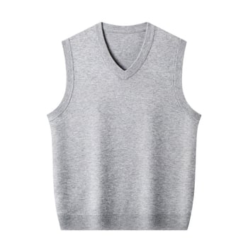 Ανδρικό γιλέκο μαλλιού με V-λαιμό, χωρίς μανίκια, παχύ μαλλί, 30–35% γούνες κουνελιού, ραβδωτό τελείωμα, φθινοπωρινό/χειμερινό 2024