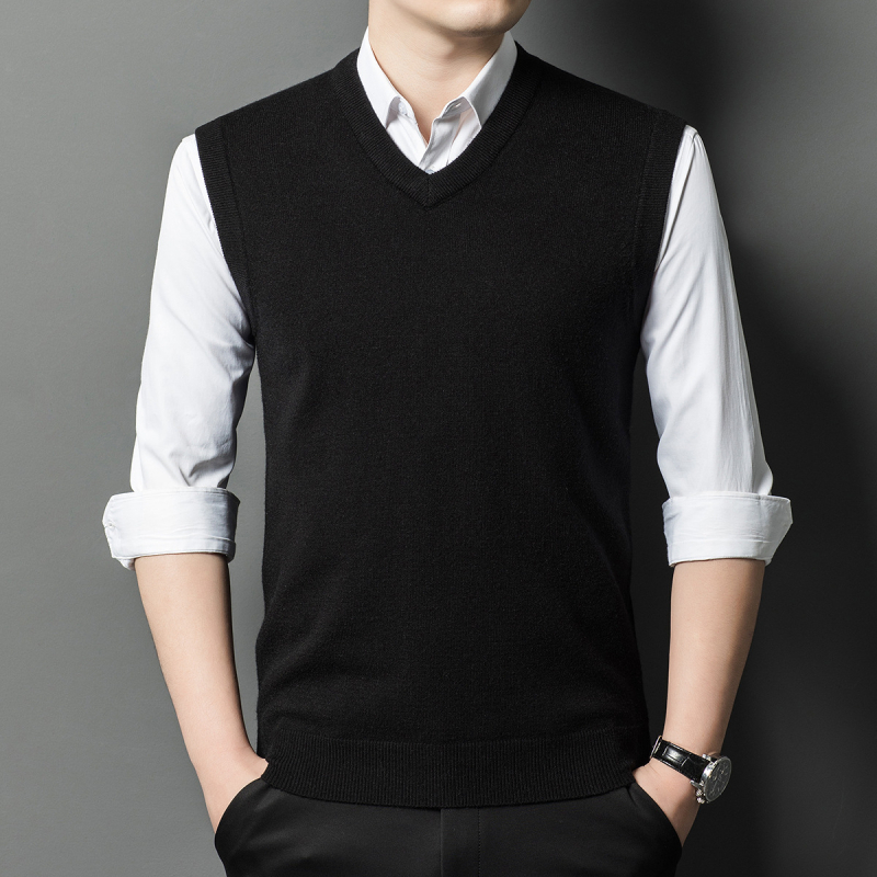 Ανδρικό γιλέκο μαλλιού με V-λαιμό, χωρίς μανίκια, παχύ μαλλί, 30–35% γούνες κουνελιού, ραβδωτό τελείωμα, φθινοπωρινό/χειμερινό 2024