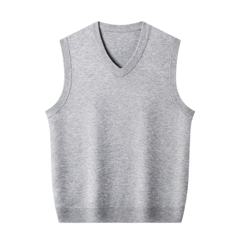 Ανδρικό γιλέκο μαλλιού με V-λαιμό, χωρίς μανίκια, παχύ μαλλί, 30–35% γούνες κουνελιού, ραβδωτό τελείωμα, φθινοπωρινό/χειμερινό 2024