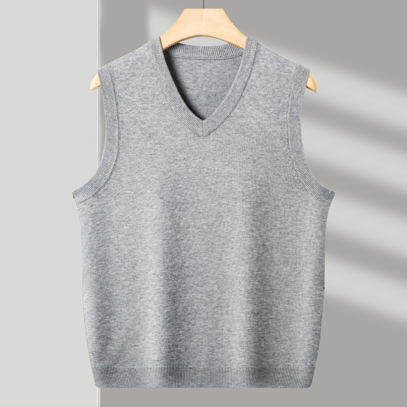 Ανδρικό γιλέκο μαλλιού με V-λαιμό, χωρίς μανίκια, παχύ μαλλί, 30–35% γούνες κουνελιού, ραβδωτό τελείωμα, φθινοπωρινό/χειμερινό 2024