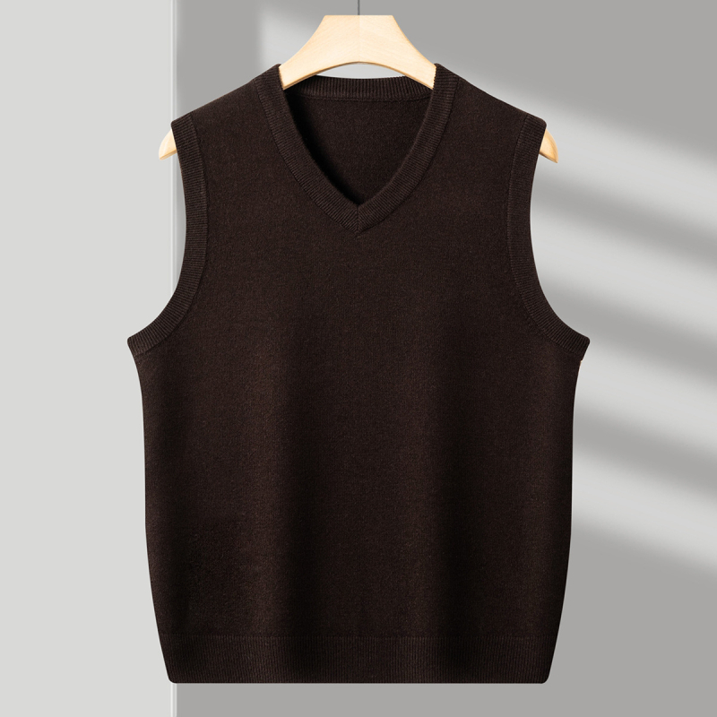 Ανδρικό γιλέκο μαλλιού με V-λαιμό, χωρίς μανίκια, παχύ μαλλί, 30–35% γούνες κουνελιού, ραβδωτό τελείωμα, φθινοπωρινό/χειμερινό 2024