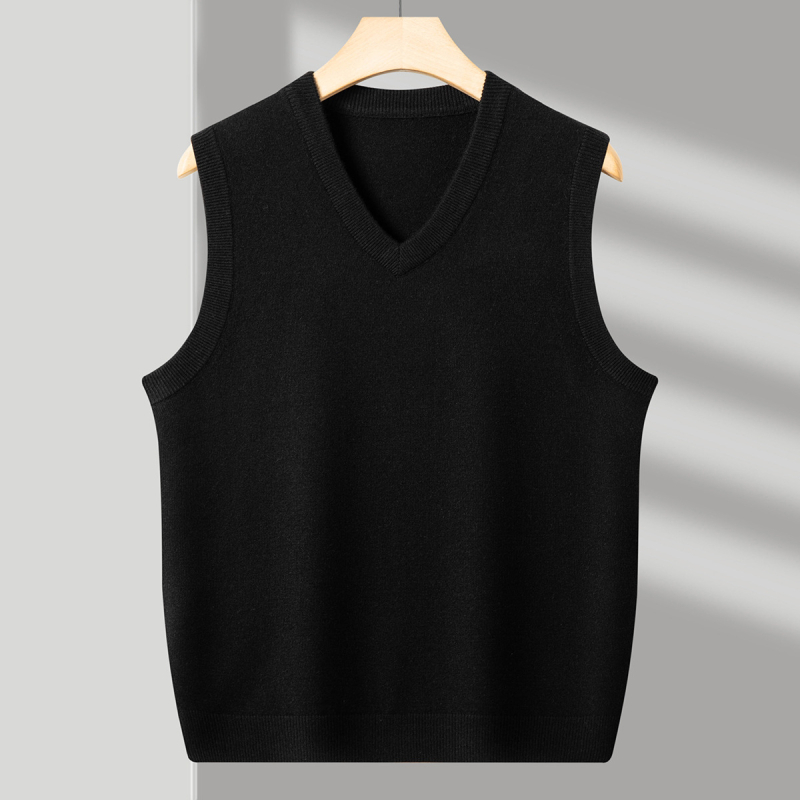 Ανδρικό γιλέκο μαλλιού με V-λαιμό, χωρίς μανίκια, παχύ μαλλί, 30–35% γούνες κουνελιού, ραβδωτό τελείωμα, φθινοπωρινό/χειμερινό 2024