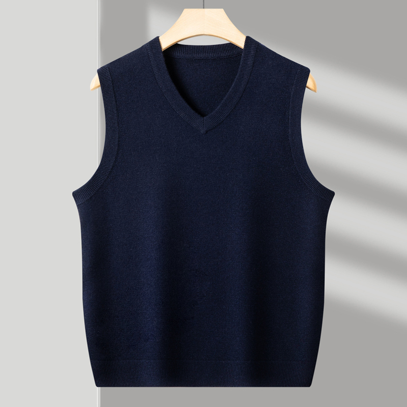 Ανδρικό γιλέκο μαλλιού με V-λαιμό, χωρίς μανίκια, παχύ μαλλί, 30–35% γούνες κουνελιού, ραβδωτό τελείωμα, φθινοπωρινό/χειμερινό 2024