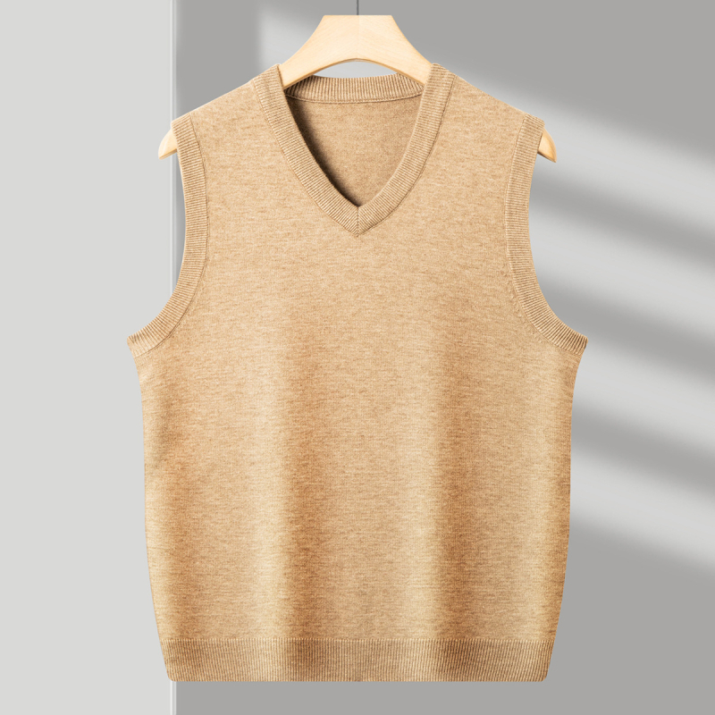 Ανδρικό γιλέκο μαλλιού με V-λαιμό, χωρίς μανίκια, παχύ μαλλί, 30–35% γούνες κουνελιού, ραβδωτό τελείωμα, φθινοπωρινό/χειμερινό 2024