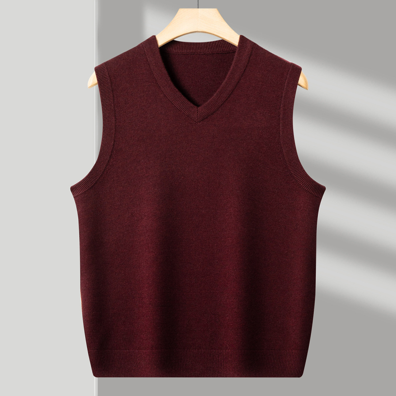 Ανδρικό γιλέκο μαλλιού με V-λαιμό, χωρίς μανίκια, παχύ μαλλί, 30–35% γούνες κουνελιού, ραβδωτό τελείωμα, φθινοπωρινό/χειμερινό 2024