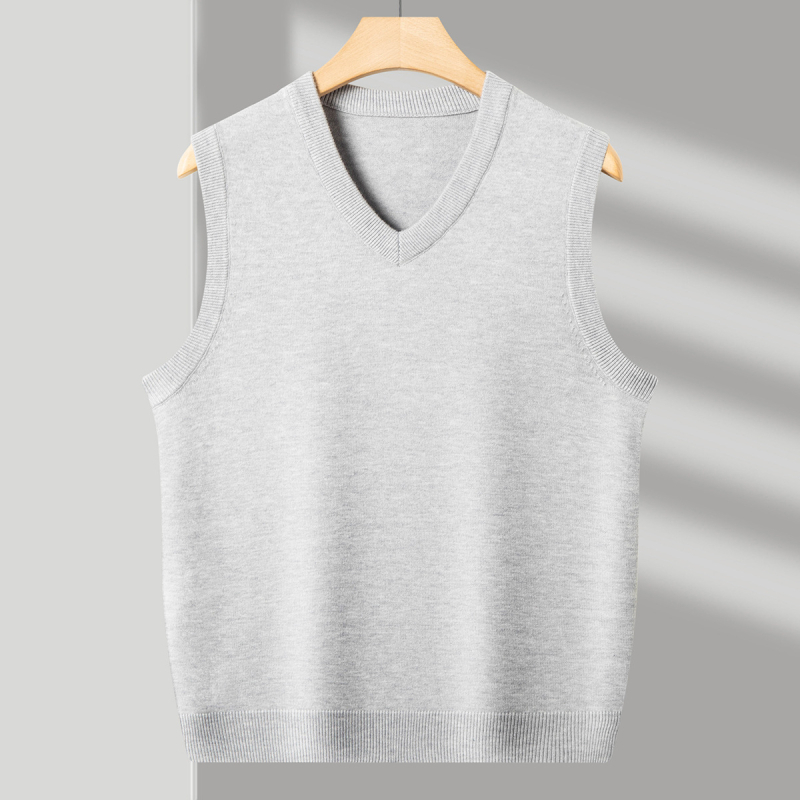 Ανδρικό γιλέκο μαλλιού με V-λαιμό, χωρίς μανίκια, παχύ μαλλί, 30–35% γούνες κουνελιού, ραβδωτό τελείωμα, φθινοπωρινό/χειμερινό 2024