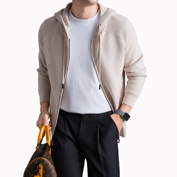 Мъжки дебел плетен кардиган с качулка, Yuanbao шарка, свободна кройка, зимна вълнено-смесена материя