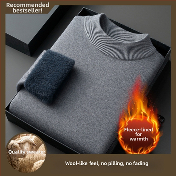 Ανδρικό πλεκτό πουλόβερ από μαλλί, 78% μαλλί, φλις επένδυση, ζακάρντ πλέξη, λαιμός μισο-υψηλός, χαλαρή εφαρμογή