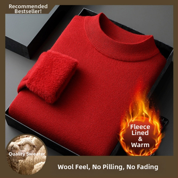 Ανδρικό πλεκτό πουλόβερ από μαλλί, 78% μαλλί, φλις επένδυση, ζακάρντ πλέξη, λαιμός μισο-υψηλός, χαλαρή εφαρμογή